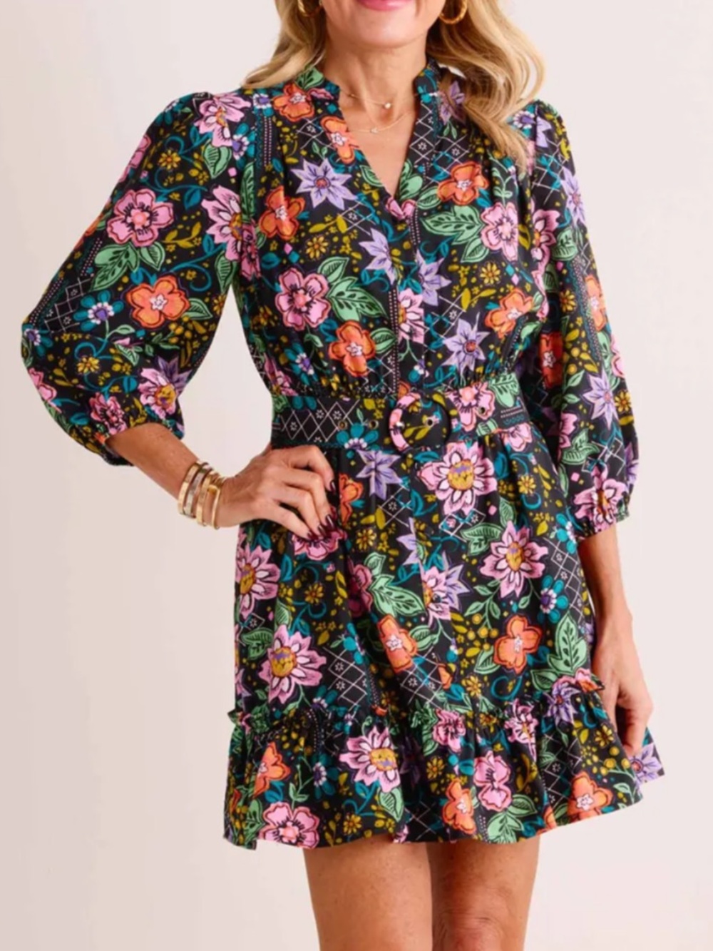 Avara Multicolored Floral Print 3/4 Sleeve Mini Dress L